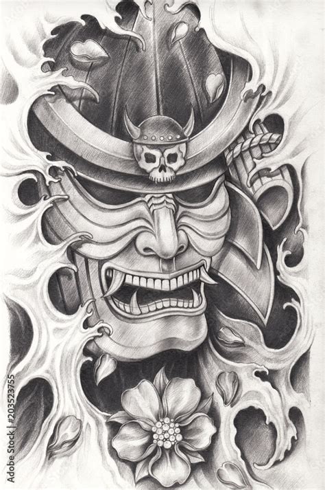 Art Design Samurai samurai Japanese tattoo.Hand pencil drawing on paper ...
