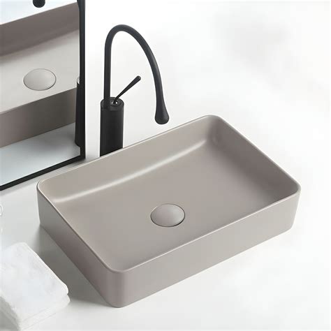 Modern Rectangular Ceramic Vessel Sink with Grey Finish & Center ...