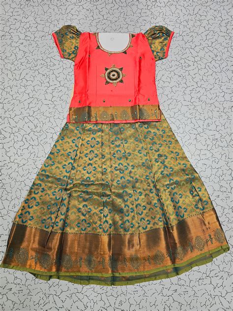 Coral Pink and Green Silk Pattu Pavadai for Girls | Sri Thulir Tex Tra