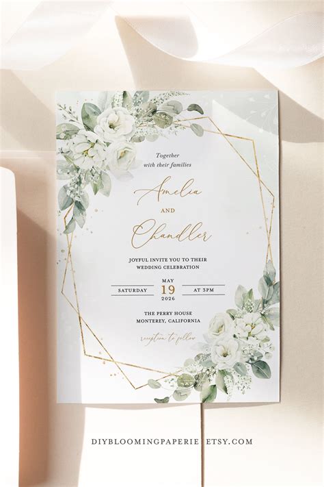 Geometric white floral wedding invitation template gold and etsy – Artofit