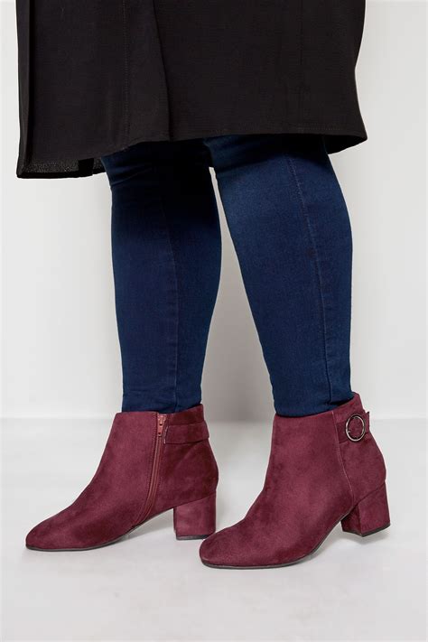 Burgundy Round Buckle Heeled Ankle Boots In Extra Wide Fit | Yours Clothing