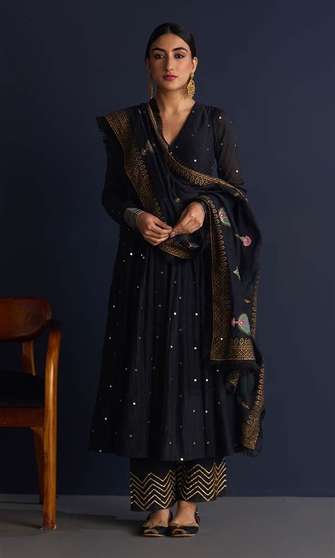 Rasiya Black V-neck Anarkali With Palazzo And Foil Block Print Dupatta ...
