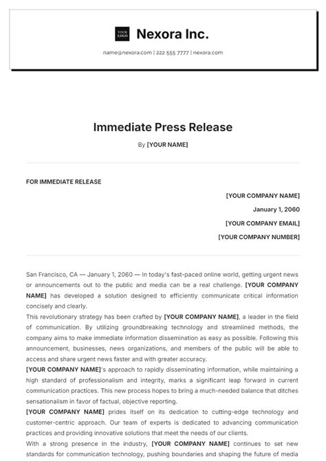 Free Blank Immediate Press Release Template to Edit Online