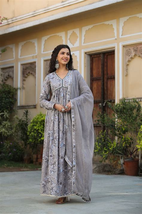 Grey Floral Cotton Handwork Gown Set