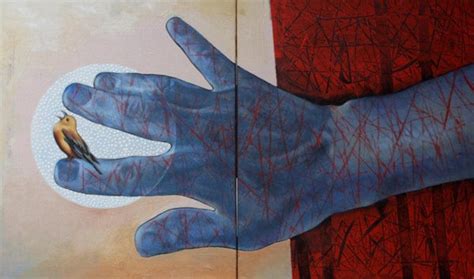 "The Yellow Bird 17": Blue Acrylic Painting by Ashis Mondal – ArtZolo.com