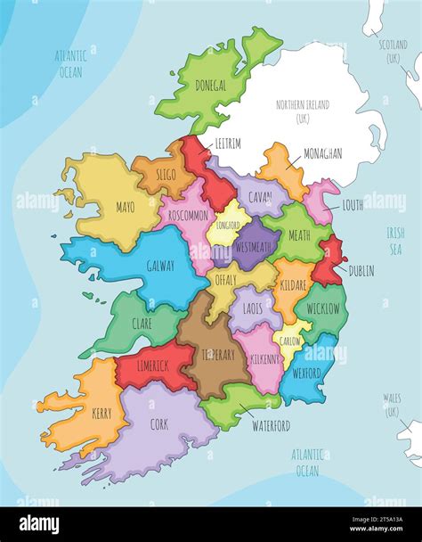 Vector illustrated map of Ireland with counties and administrative divisions, and neighbouring ...
