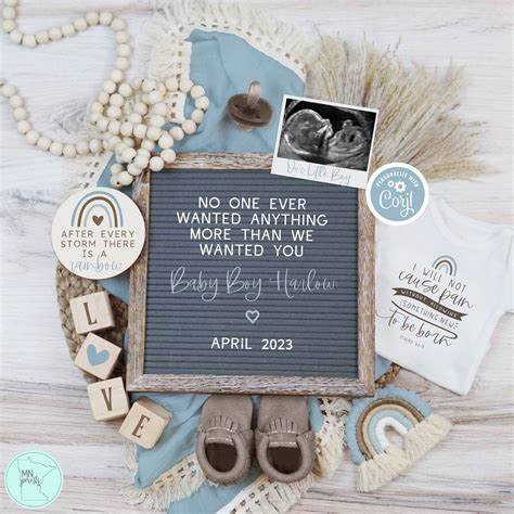 Boy Rainbow Baby Pregnancy Announcement, Editable Boho Blue Isaiah 66:9 ...
