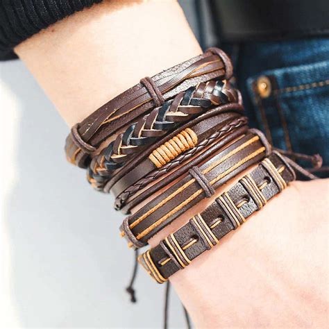 Buy Set of 5 Multi Layered Brown Faux Leather Bracelet for Men in Bulk ...