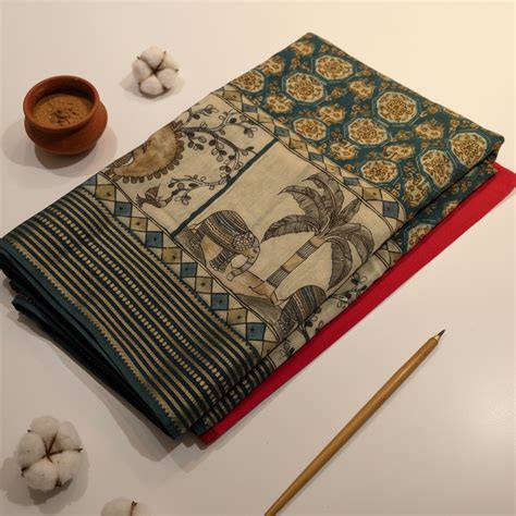Teal Kalamkari Elephant & Peacock Mal Cotton Saree | Kuberan Silks