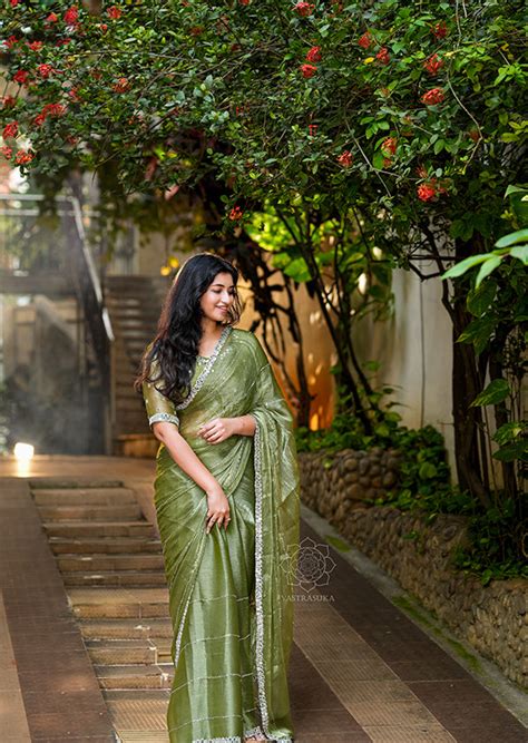 Olive green tissue organza saree – Vastrasuka