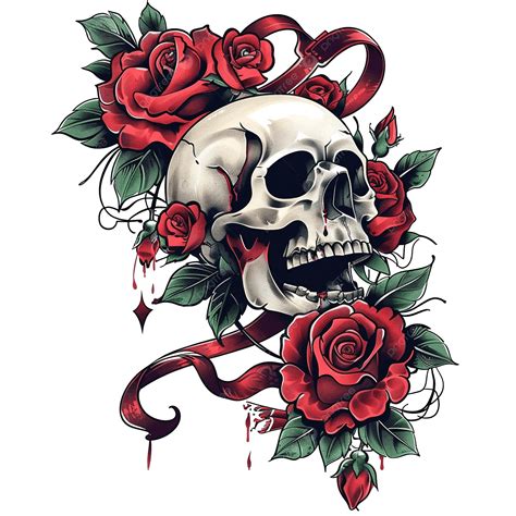 Old School Tattoo With Skull Red Roses And Ribbons, Rock, Roll, Eye PNG ...