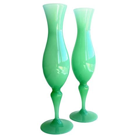 French Style Opaline Florence Glass Labeled Pair of Mid Century Vases ...