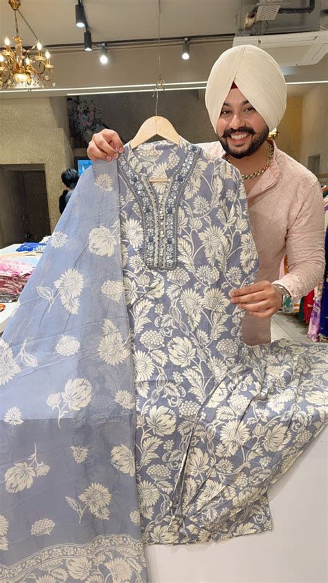 English Grey Pure Cotton Summerish Floral Print Pathani Suit with Slee