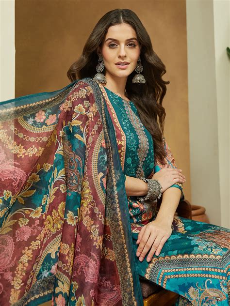 Janasya Women's Teal Blue Cotton Blend Ethnic Motifs Printed Pakistani