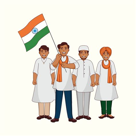 Different Religion Men Showing Unity In Diversity Of India With Hold National Flag On White ...