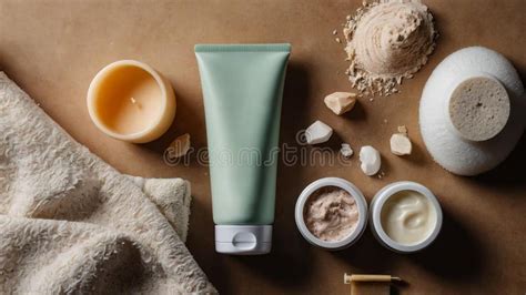 Top view of minimal skincare routine products on brown background