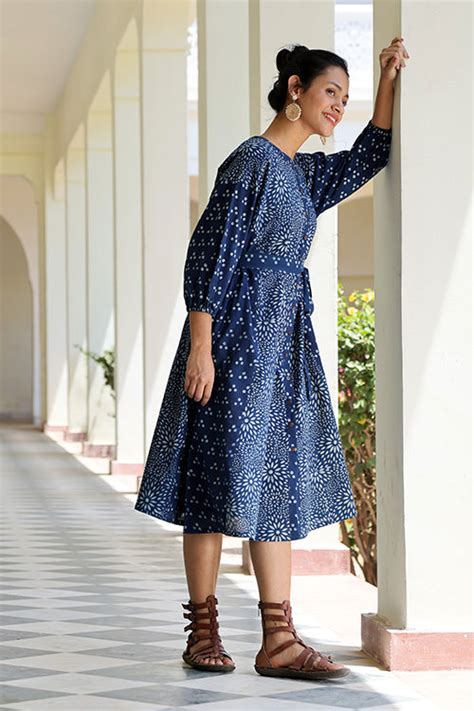 Bohemian Pure Cotton Indigo Hand Block Printed Dress For Women Online ...