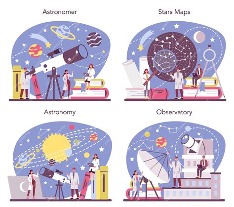 Premium Vector | Astronomy and astronomer concept set. Professional scientist looking through a ...