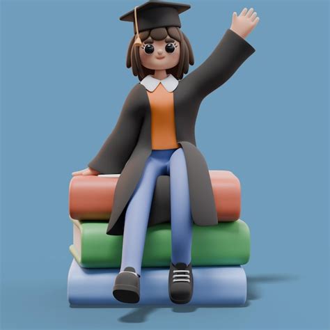 3d render of student girl sitting on giant stack of books in graduation ...