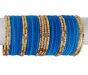 Buy Guddan Blue & Golden Velvet Glass Bangle Set (36 Bangles) at Amazon.in