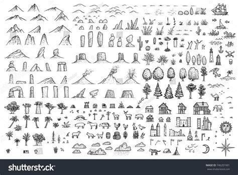 Fantasy map elements illustration, drawing, engraving, ink, line art, vector | Fantasy map ...