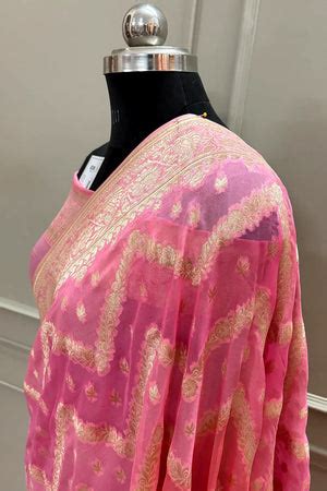 Baby Pink Golden Zari Georgette Silk Banarasi Saree – Mohsin Textiles