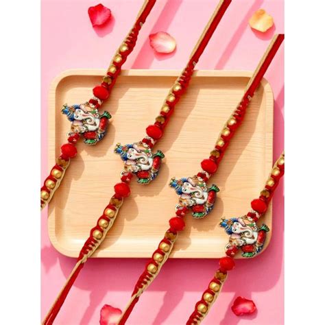 Buy ADIVA Pack Of 4 Handmade Lord Ganesha Thread Rakhis With Roli ...