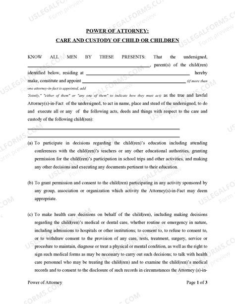 Georgia Power of Attorney for Care and Custody of Child or Children ...