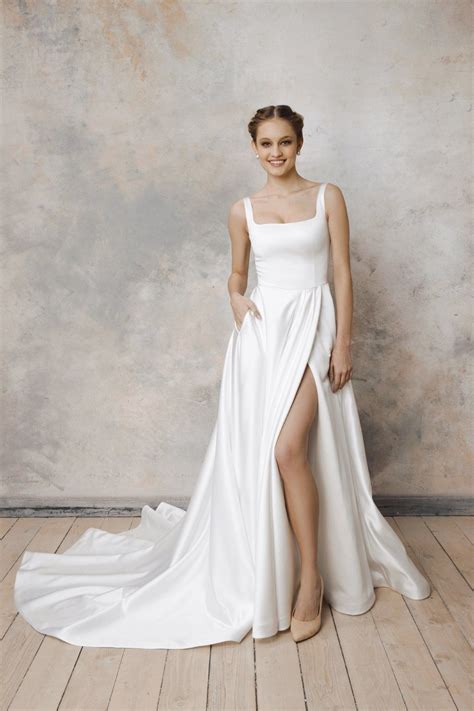 Satin low back wedding dress a line wedding dress square neck wedding dress satin wedding dress ...