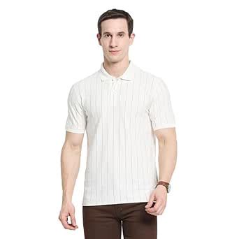 Octave Men Striped Polo Collar Cotton T-Shirt Off White : Amazon.in ...