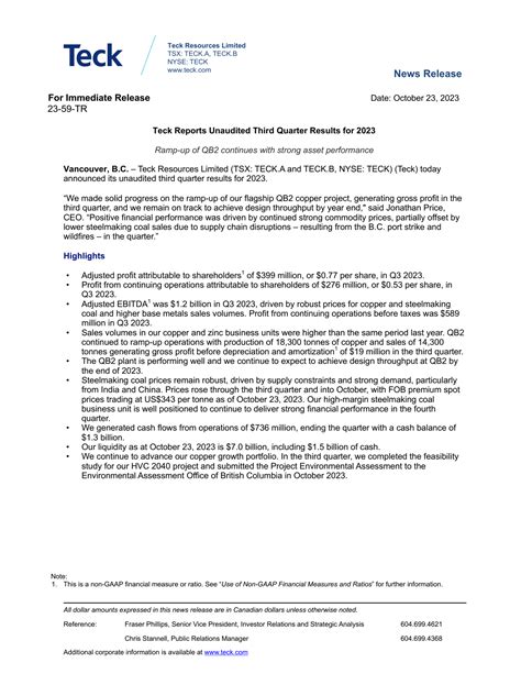 TECK Q3 2023 Earnings Report on 10/24/2023