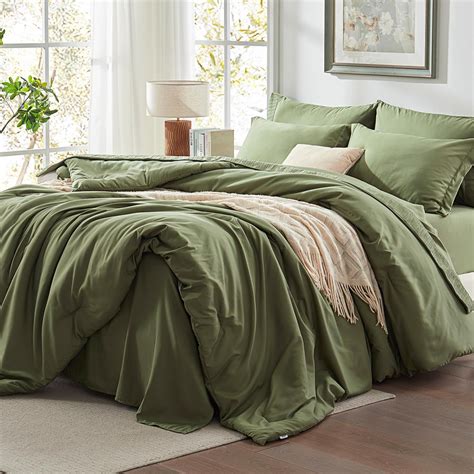 Anluoer Queen Size Bed in a Bag 7 Pieces, Olive Green Bed Comforter Set ...