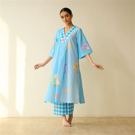 Buy Handpicked Floral Seersucker Cotton Kurta Set - Sky Blue | Rustorange