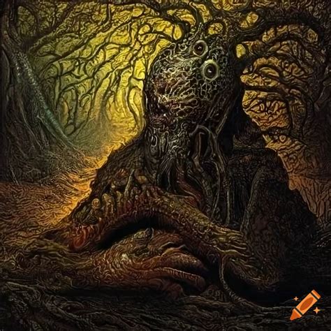 Detailed and intricate illustration of a lovecraftian monster flying above autumn land on Craiyon