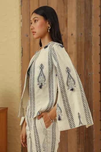 Buy White , Satin Beads, Tassels, Sequins, Boteh Print Jacket Pant Set ...
