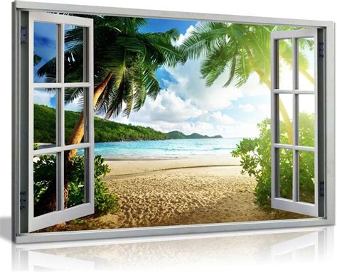 Buy Beach Sunset View 3D Window Effect Canvas Wall Art Picture Print ...