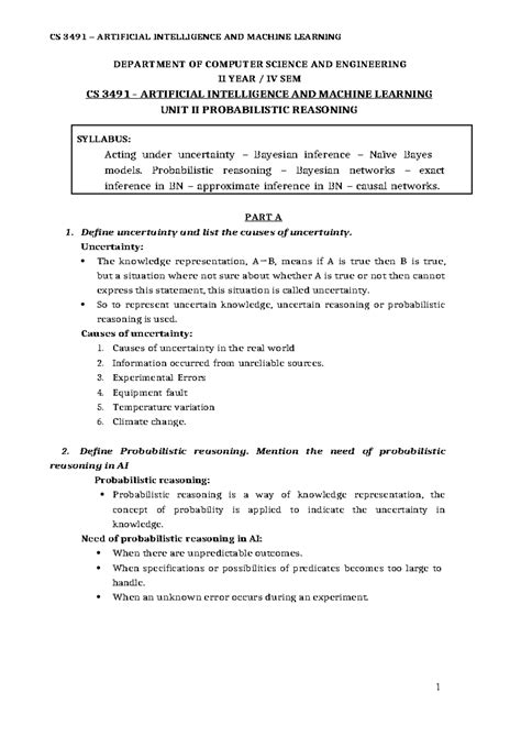 CS 3491 AI UNIT II: Probabilistic Reasoning and Bayesian Inference ...