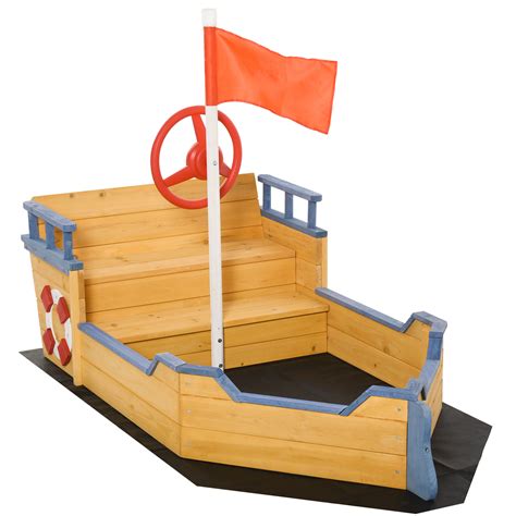 Outsunny Kids Wooden Sandbox Pirate Ship Sandboat Children Outdoor ...