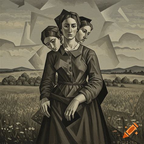 19th century woman in a field, analytical cubism oil painting in muted ...