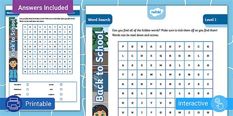 Back to School Word Search - Level 1 - Twinkl - Kids Puzzles