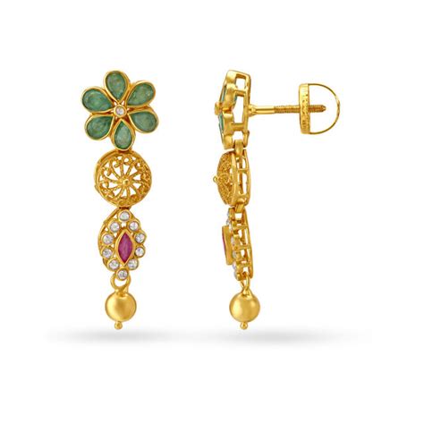 Floral And Wheel Motif Gold Drop Earrings Studded With Emerald And Ruby