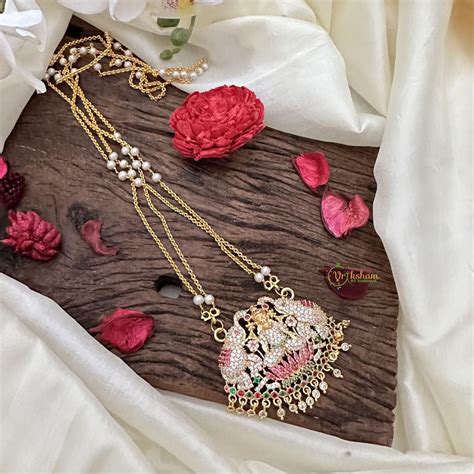 AD Stone Lakshmi with Dual Elephant Pendant Chain-Red Green-G15406 ...