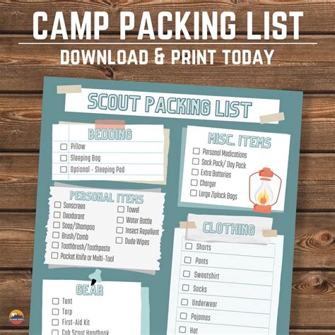 Scout Camp Packing List Instant Download Print Today - Etsy