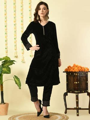 Buy MYSHKA Women Black Velvet Kurta with Trouser (Set of 2) Online