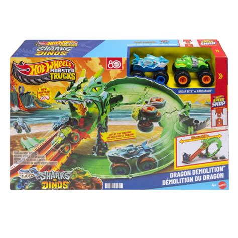 Hot Wheels Monster Trucks Sharks Versus Dinos Dragon Destruction Track ...