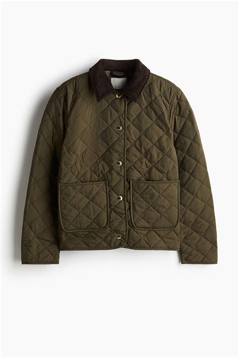 Women's Khaki green Quilted Jacket with Corduroy Collar | H&M CA
