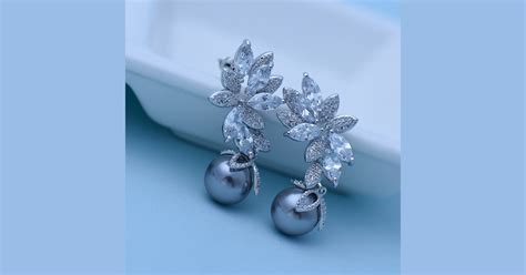 Pearl Ear Studs - Earrings with Gray Pearls and White Crystals - Posh ...