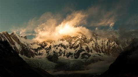 Annapurna, 4K, Himalayas, Nepal, clouds, mountain, sunset HD Wallpaper