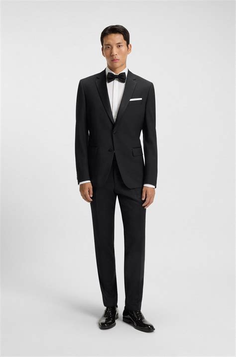 BOSS - Slim-fit tuxedo trousers in virgin-wool serge - Black