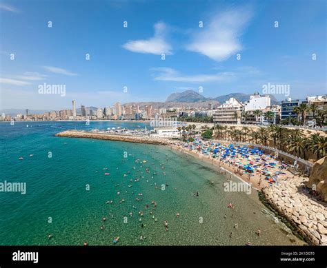 Aerial view of the popular Spanish Mediterranean beach resort town ...